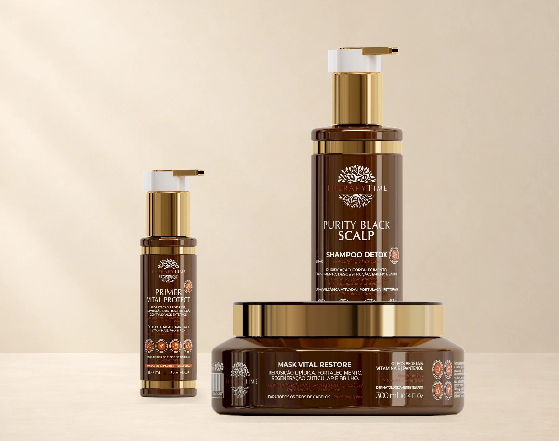 Purity Black Scalp, Primer Vital Protect e Mask Vital Restore em uma composição com suas embalagens reais